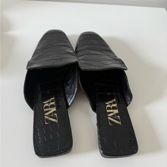 ZARA Black Croc Embossed Leather Mule Loafers Square Toe Slides Size 37 - Picture 6 of 6